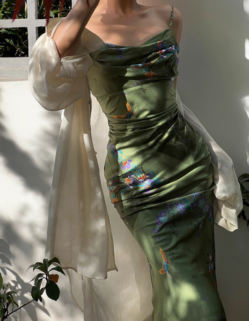 Green Simple Sheath Spaghetti Strap Print Floral Satin Prom Dress Evening Dress Formal Gown HZ1023
